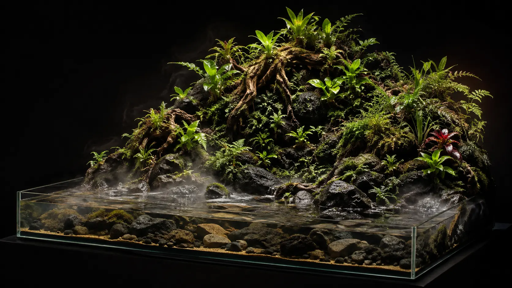 Paludarium mit Wasserlauf, Holz, Gestein und tropischen Pflanzen
