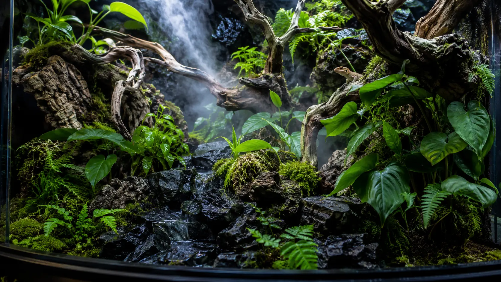 Naturnah gestaltetes tropisches Terrarium mit lebenden Pflanzen, Holz und Naturstein